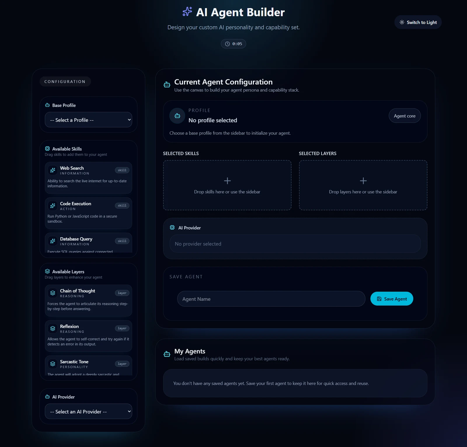 AI Agent Builder with profile, skills, layers, and agent configuration panels