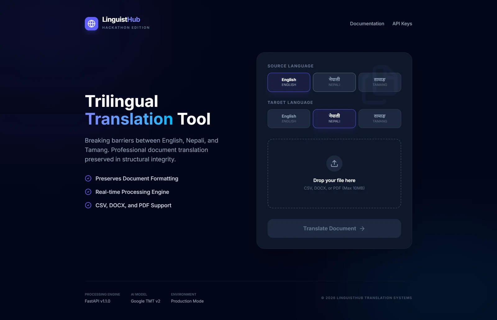 LinguistHub trilingual translation interface with English, Nepali, and Tamang options